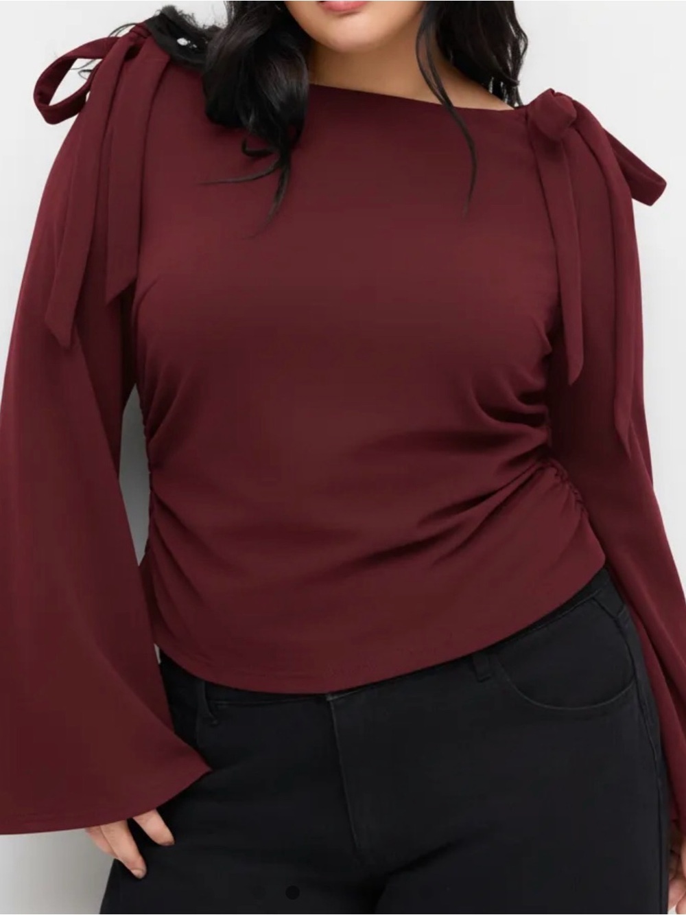 Cider Burgundy Tie-Shoulder Long Sleeve Blouse